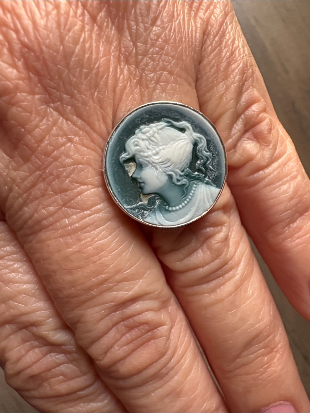 Vintage-Style Cameo Ring in Teal and White Sterling Silver
